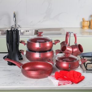 MARQUE Lines – Batterie de Cuisine 21 Pièces Granite Rouge