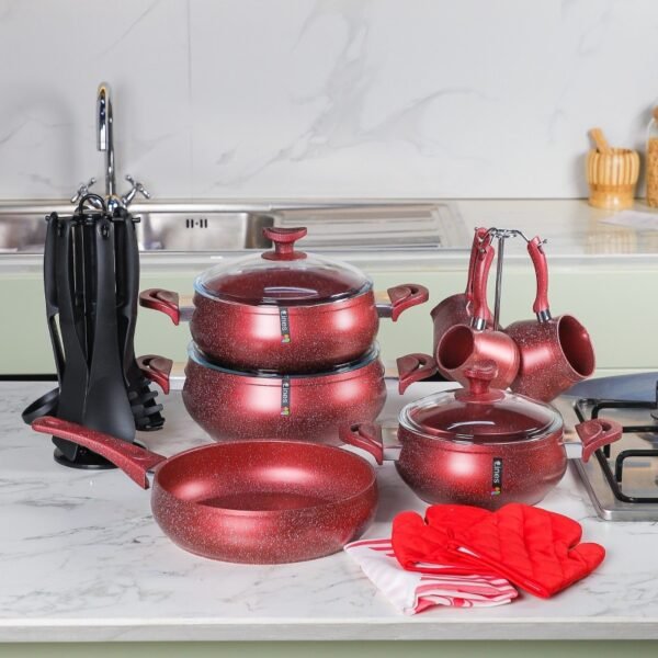 MARQUE Lines – Batterie de Cuisine 21 Pièces Granite Rouge