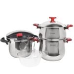 Ensemble de 6 pièces Inox MARQUE Lines Cocotte 6 L et couscoussier 4 L rouge