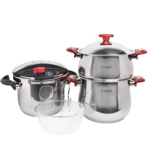 Ensemble de 6 pièces Inox MARQUE Lines Cocotte 6 L et couscoussier 4 L rouge