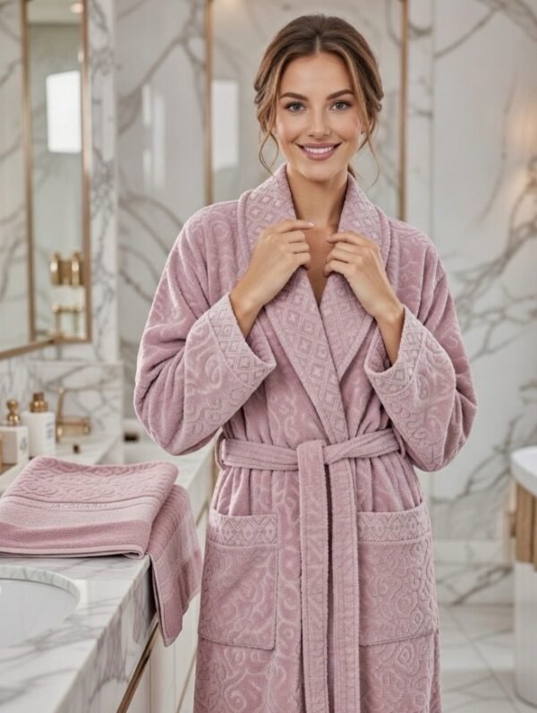 Cape de bain avec deux serviettes, marque ABM JACQUARD, confectionnée en 100% coton de haute qualité.