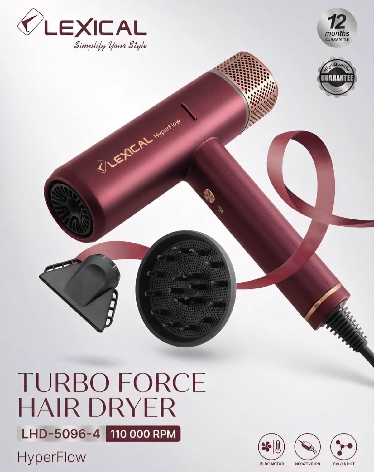 Sèche-cheveux turbo rouge - Sèche cheveux marque Lexical LHD-5096-4 Turbo Force - Rouge