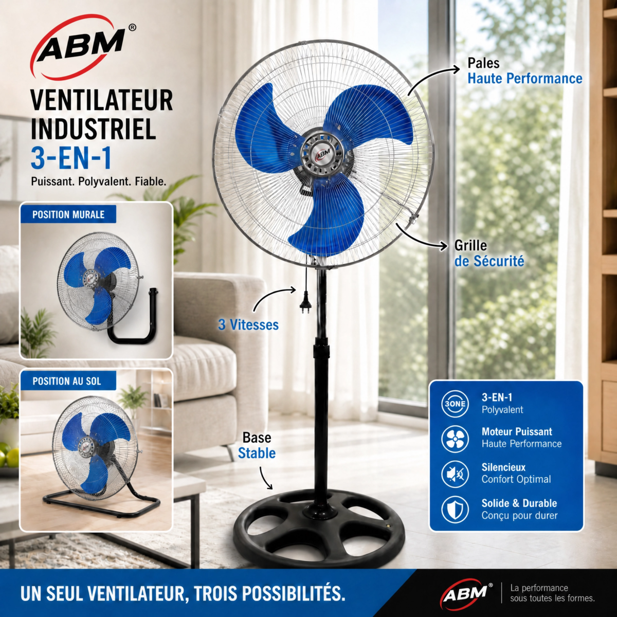 Ventilateur 18 pouces - Ventilateur marque ABM 18 pouces 3 en 1