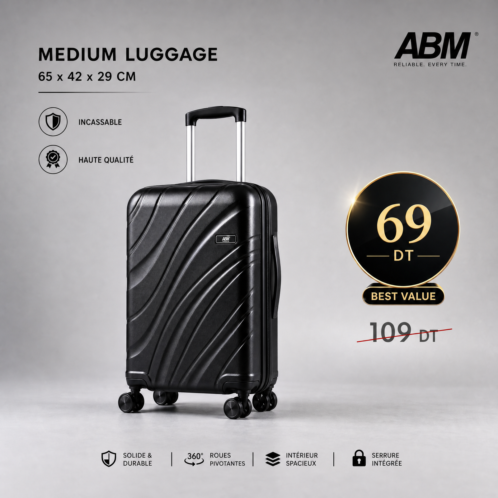 black_medium Valise moyenne vagues ABM 65 cm noire