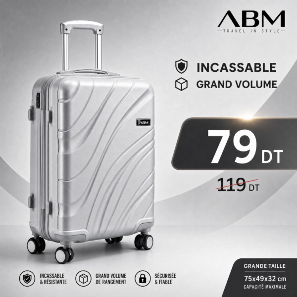 Grande valise vagues ABM 75 cm gris argent
