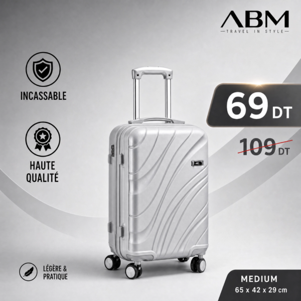 Valise moyenne vagues ABM 65 cm gris argent
