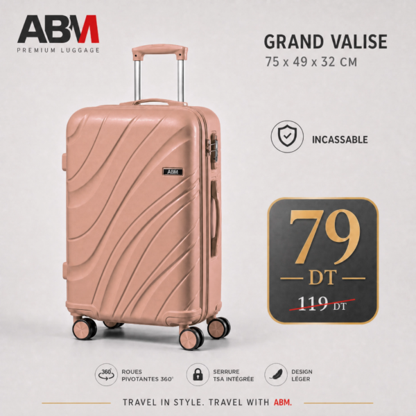 Grande valise vagues ABM 75 cm rose poudré