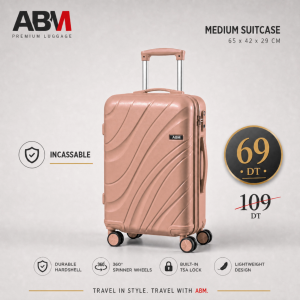 Valise moyenne vagues ABM 65 cm rose poudré
