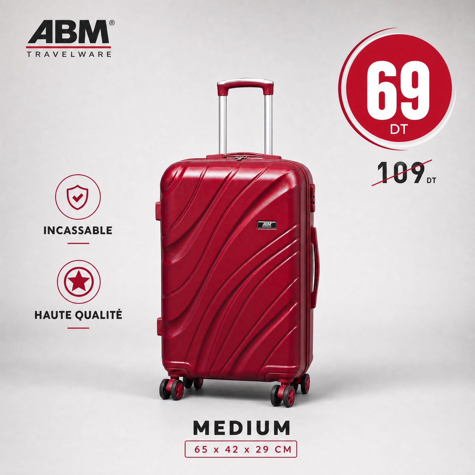 red_medium Valise moyenne vagues ABM 65 cm rouge