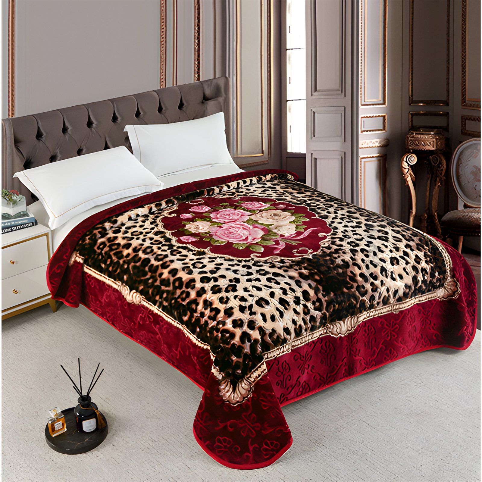 Couverture PRIMAVERA MARQUE ABM double faces 2 places 7 KG 220*240CM - bordeaux léopard Couverture PRIMAVERA ABM 7 kg double face