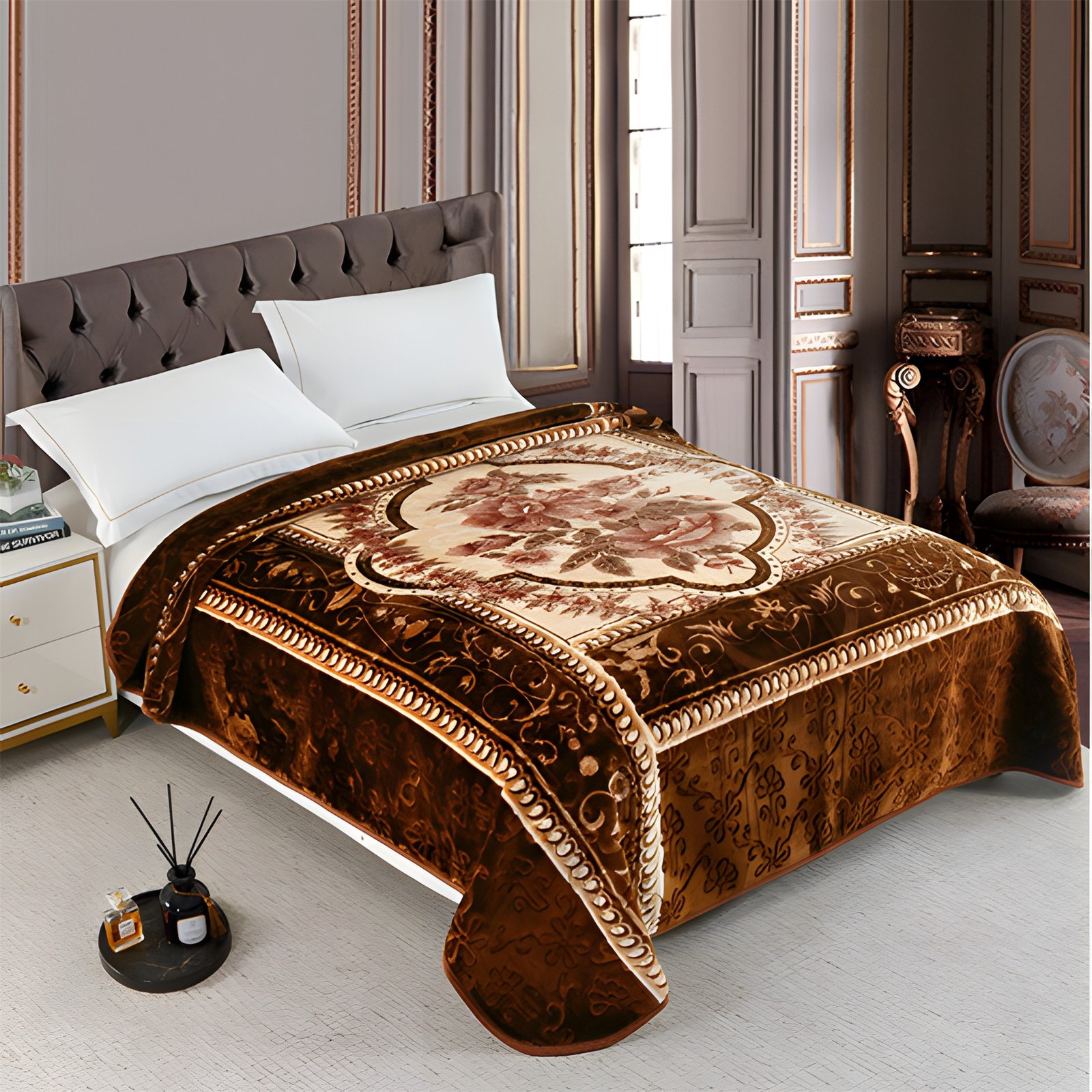 Couverture PRIMAVERA MARQUE ABM double faces 2 places 7 KG 220*240CM - marron doré Couverture PRIMAVERA ABM 220x240 double face