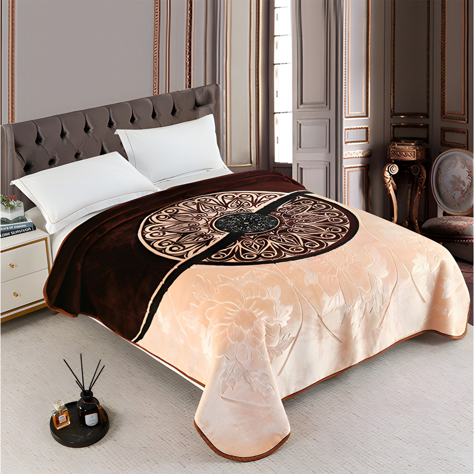 Couverture PRIMAVERA MARQUE ABM double faces 2 places 7 KG 220*240CM - marron et beige Couverture PRIMAVERA ABM lit double 220x240