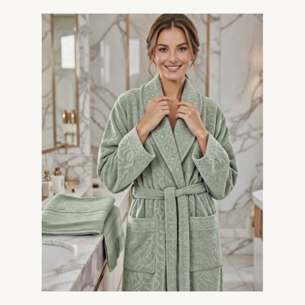 Cape de bain avec deux serviettes marque ABM JACQUARD 100% coton haute qualité - vert sauge, femme