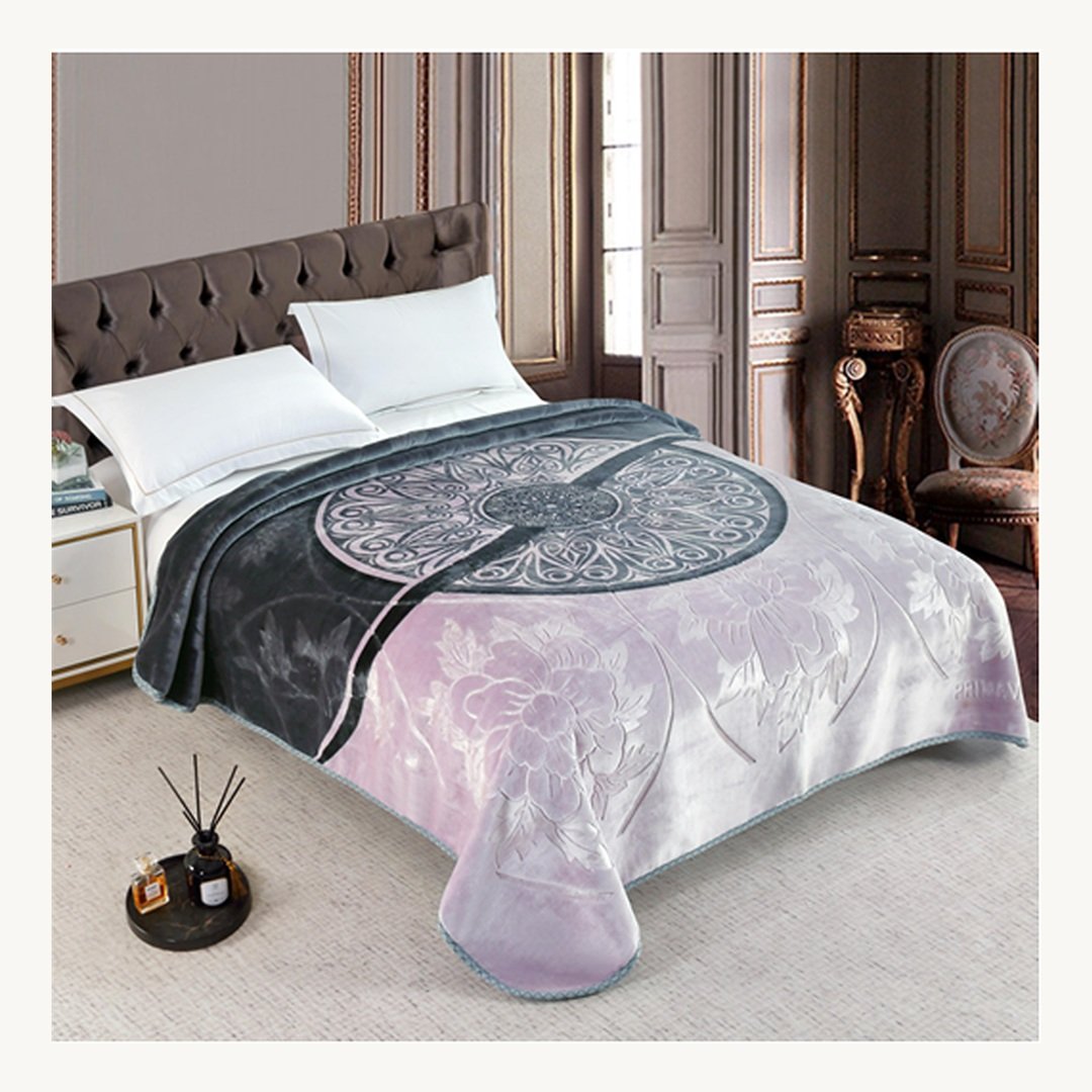 HdJrNhGRkdNQATno.jpg Couverture PRIMAVERA MARQUE ABM double faces 2 places 7 KG 220*240CM - gris et lilas – Image 1