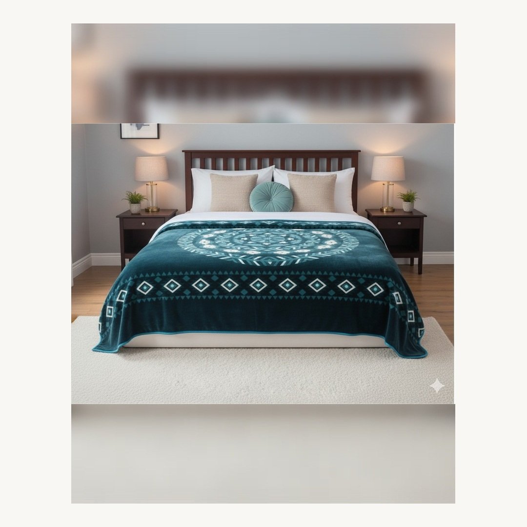 KUlrwWBRKbcZxOBa.jpg Couverture SOLAR BEAR MARQUE ABM double faces 2 places 12 KG 220*240CM - bleu canard mandala – Image 1