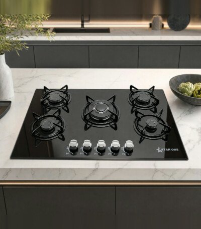 Plaque de cuisson encastrable STAR ONE 5 feux - Verre noir 77 x 51 cm (ST-G801)
