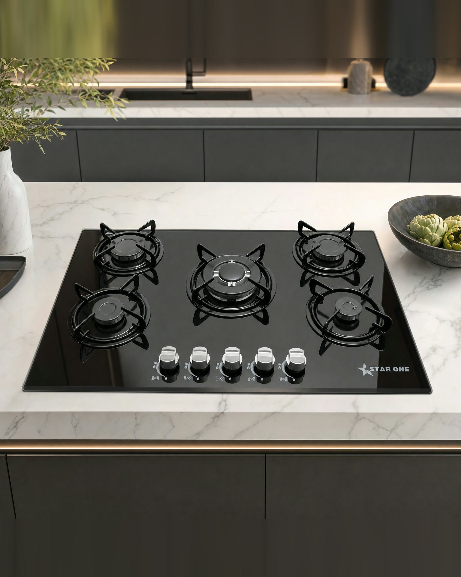 Plaque de cuisson verre noir - Plaque de cuisson encastrable STAR ONE 5 feux - Verre noir 77 x 51 cm