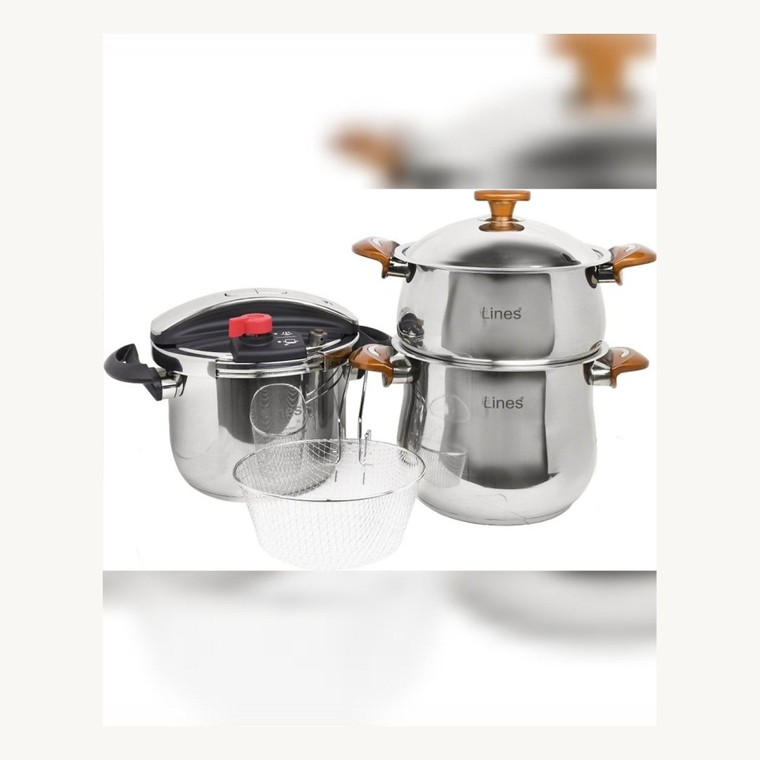 cCExwCanWwibQuSJ.jpg Ensemble de 6 pièces Inox MARQUE Lines Cocotte 6 L et couscoussier 4 L doré – Image 1