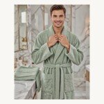 Cape de bain avec deux serviettes marque ABM JACQUARD 100% coton haute qualité - vert sauge, homme