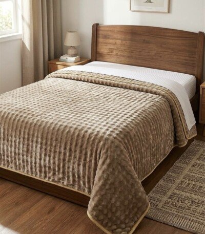 Couverture ABM 160x220 cm acrylique gaufree coloris Taupe sur un lit une place