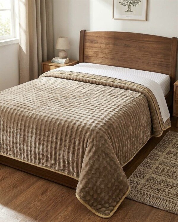 Couverture ABM 160x220 cm acrylique gaufree coloris Taupe sur un lit une place