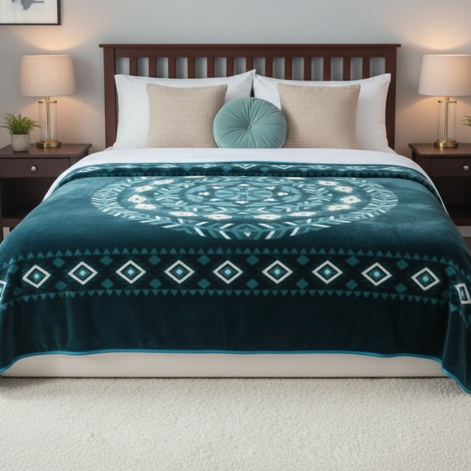 couvre-lit-1758-site Couverture SOLAR BEAR MARQUE ABM double faces 2 places 12 KG 220*240CM - bleu canard mandala – Image 1