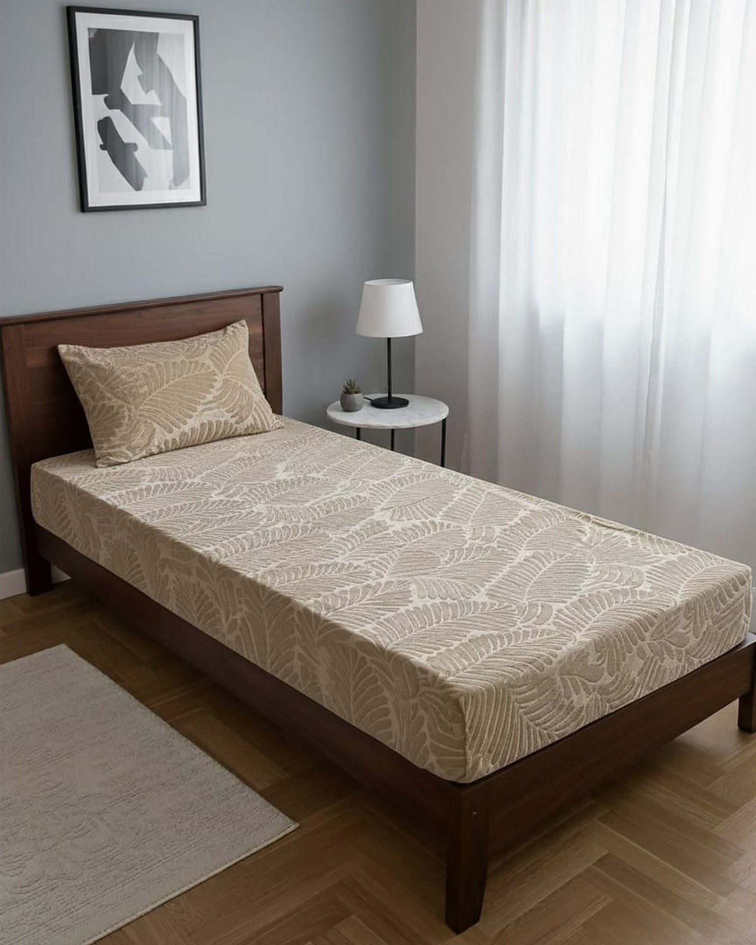 Drap housse coussin beige - DRAP HOUSSE AVEC COUSSIN MARQUE ABM 1 place 160*230 BEIGE - motif feuillage