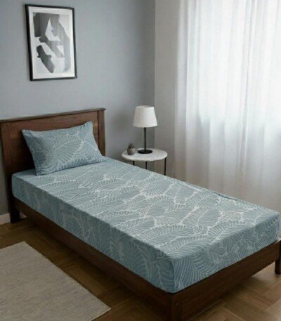 DRAP HOUSSE AVEC COUSSIN MARQUE ABM 1 place 160*230 BLEU CIEL - motif feuillage