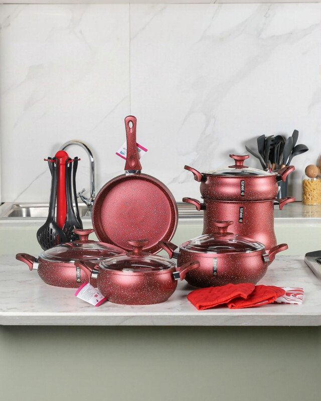 Batterie de Cuisine lines 19 Pièces Granite Rouge