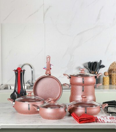 MARQUE Lines – Batterie de Cuisine 19 Pièces Granite Saumon