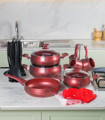 MARQUE Lines – Batterie de Cuisine 21 Pièces Granite Rouge