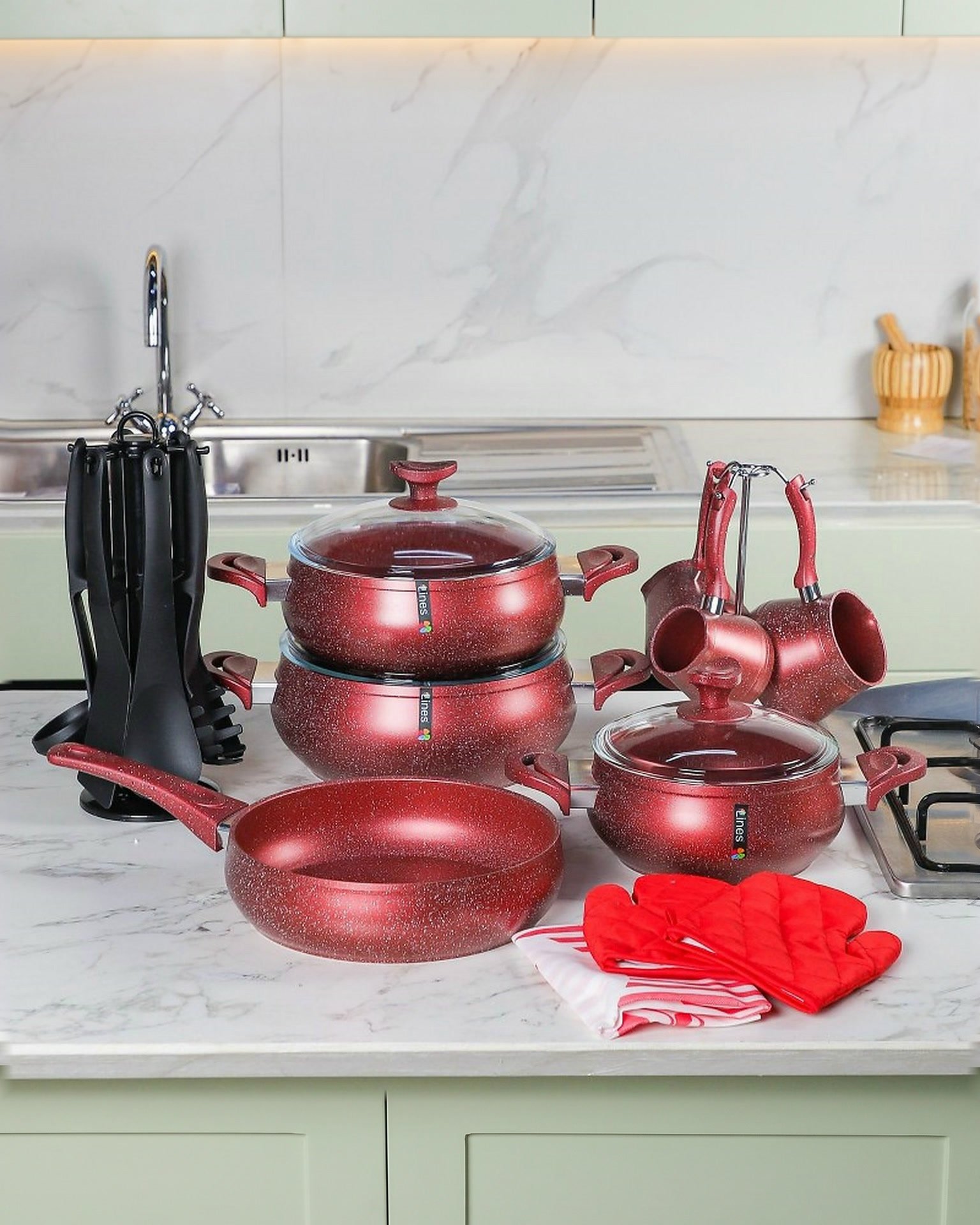 Batterie de cuisine 21 pièces - MARQUE Lines – Batterie de Cuisine 21 Pièces Granite Rouge