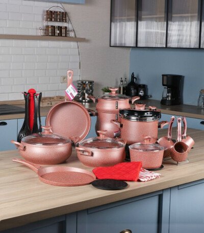 MARQUE Lines – Batterie de Cuisine 28 Pièces Granite Saumon