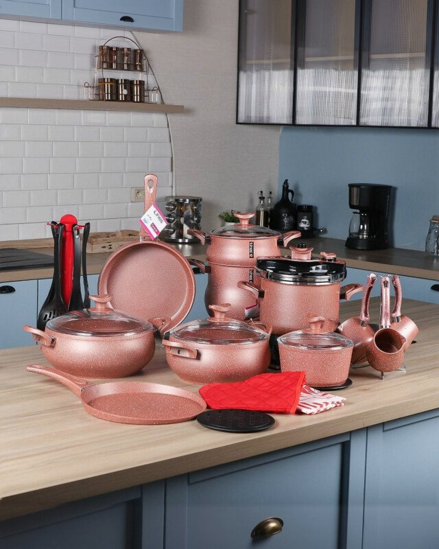 MARQUE Lines – Batterie de Cuisine 28 Pièces Granite Saumon
