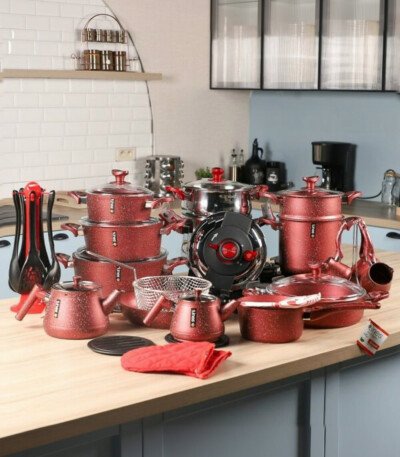 MARQUE Lines – Batterie de Cuisine 38 Pièces Granite Rouge