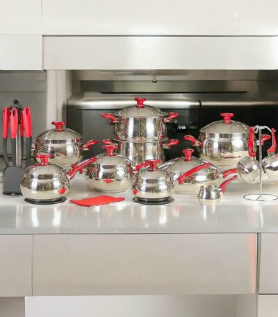 Batterie De Cuisine 32 Pièces Inox MARQUE Lines ROUGE