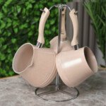 ZAZWA MARQUE LINES Set de 3 pots à lait Lines En Granite avec Support - BIEGE