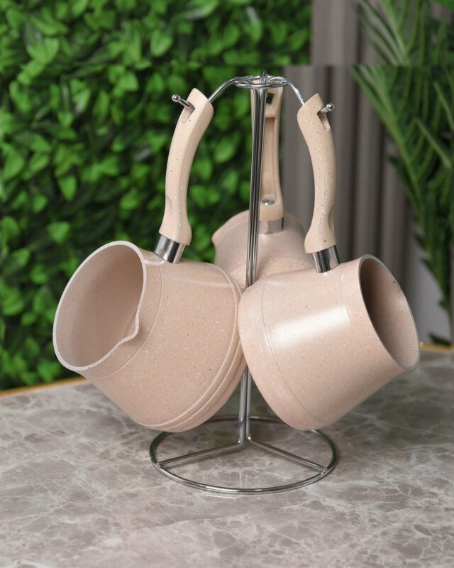 ZAZWA MARQUE LINES Set de 3 pots à lait Lines En Granite avec Support - BIEGE
