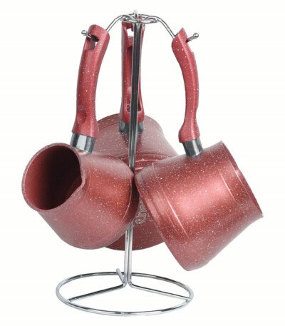 ZAZWA MARQUE LINES Set de 3 pots à lait Lines En Granite avec Support - ROUGE