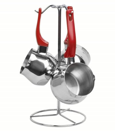 ZAZWA MARQUE LINES Set de 3 pots à lait Lines En INOX avec Support - ROUGE