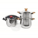 Ensemble de 6 pièces Inox MARQUE Lines Cocotte 6 L et couscoussier 4 L doré