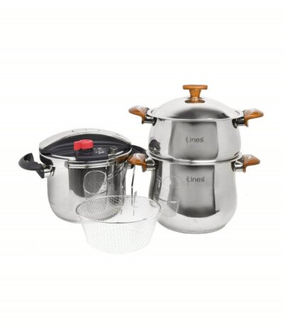 Ensemble de 6 pièces Inox MARQUE Lines Cocotte 6 L et couscoussier 4 L doré