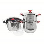 Ensemble de 6 pièces Inox MARQUE Lines Cocotte 6 L et couscoussier 4 L rouge