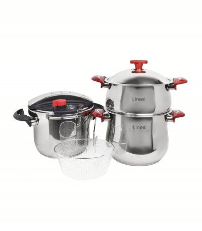 Ensemble de 6 pièces Inox MARQUE Lines Cocotte 6 L et couscoussier 4 L rouge