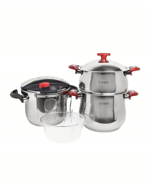 Ensemble de 6 pièces Inox MARQUE Lines Cocotte 6 L et couscoussier 4 L rouge