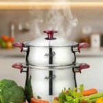 Couscoussier marque ABM Inox 18/10 5022 - 3 Pièces – 8 Litres - Ø22 cm - Rouge