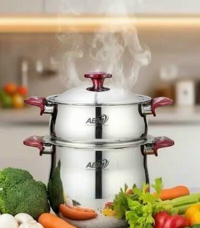 Couscoussier marque ABM Inox 18/10 5022 - 3 Pièces – 8 Litres - Ø22 cm - Rouge