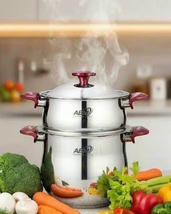Couscoussier marque ABM Inox 18/10 5022 - 3 Pièces – 8 Litres - Ø22 cm - Rouge
