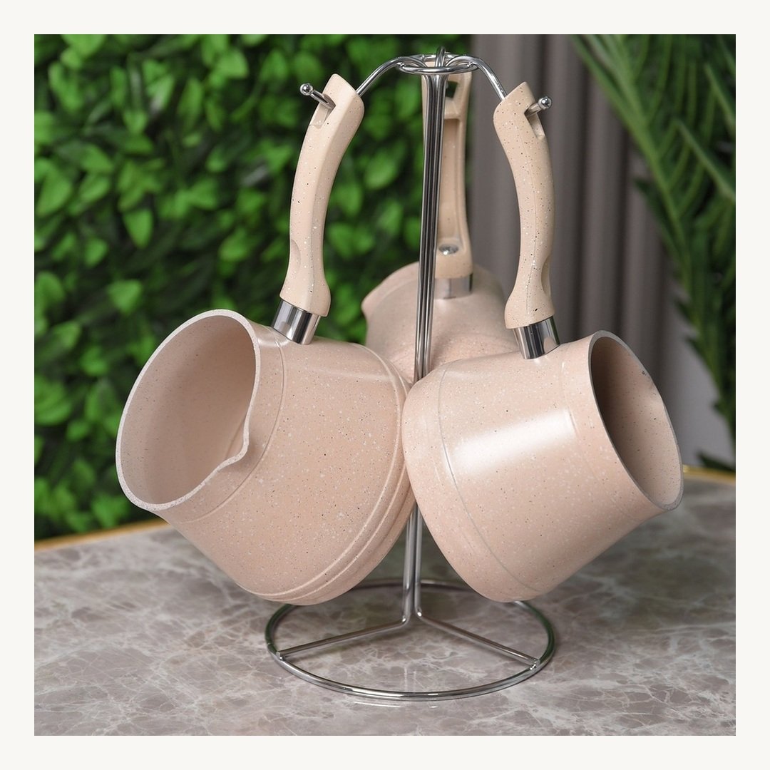 dVriYeQVUOcEBIaM.jpg ZAZWA MARQUE LINES Set de 3 pots à lait Lines En Granite avec Support - BIEGE – Image 1