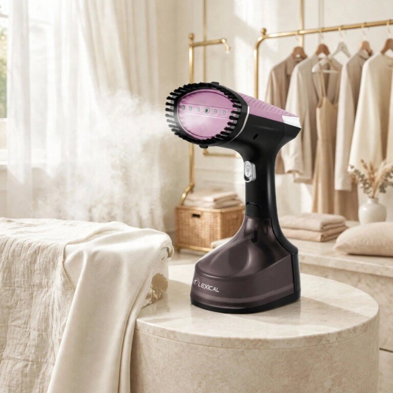Défroisseur vapeur mauve Lexical LHH-0930 1600 W posé sur une table en marbre